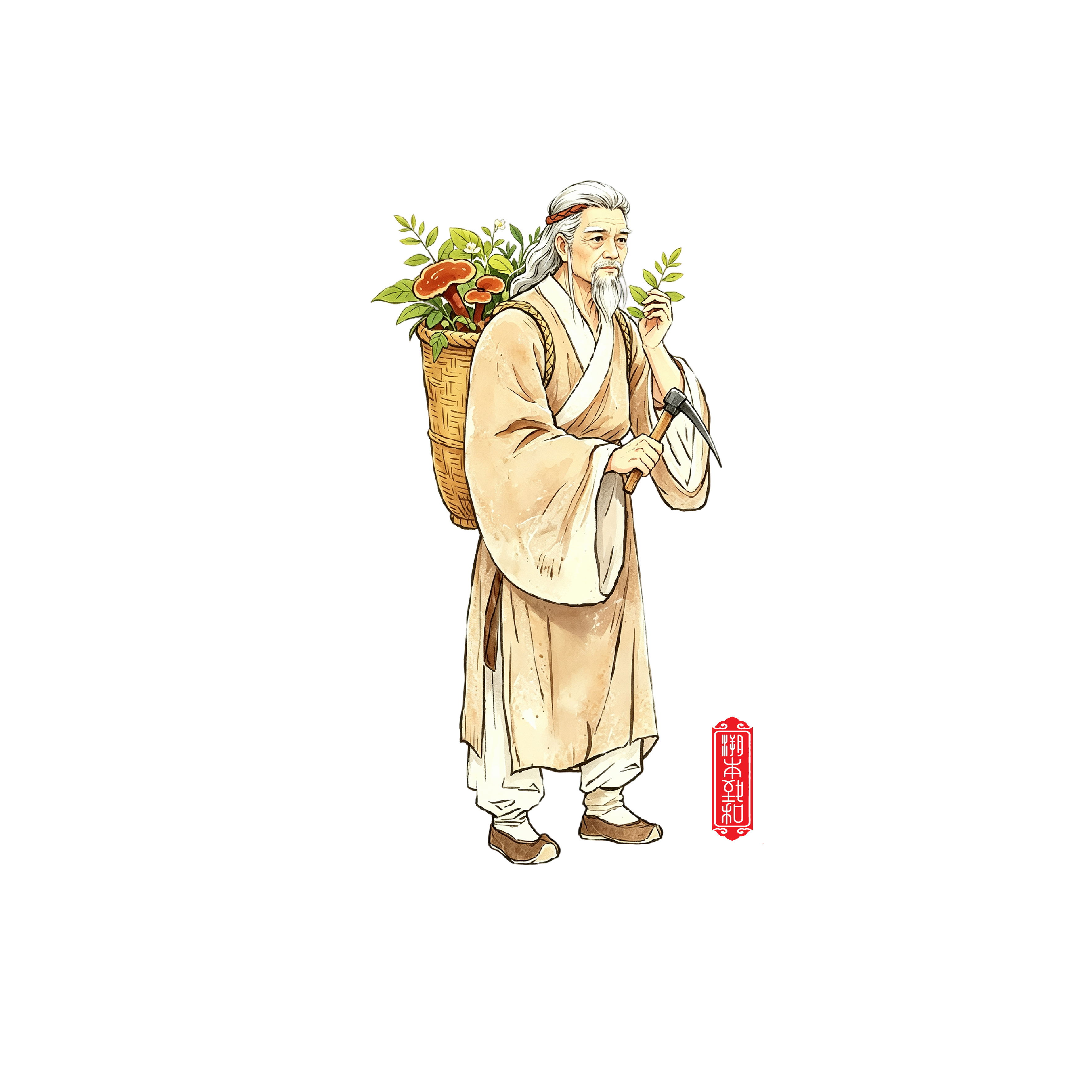 采药古人背篓持锄识本草